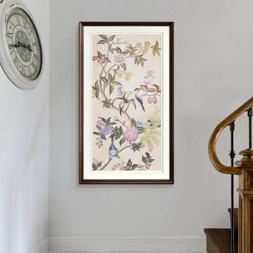 American country style flower and bird decorative painting entrance hall vertical mural simple and beautiful French neoclassical restaurant side cabinet hanging painting champagne gold solid wood frame 1 picture price 50*80