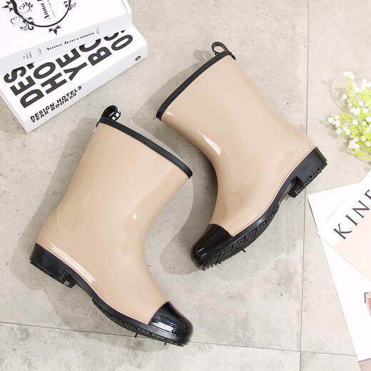 Xili mid-tube rain boots for women fashion style mid-top waterproof shoes for going out Korean version rain boots kitchen work anti-slip shoes rubber boots khaki 36