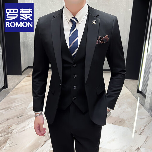 ROMON suit suit men's three-piece groom's wedding dress business formal suit large size slim trendy plaid small suit light gray suit + trousers + vest L