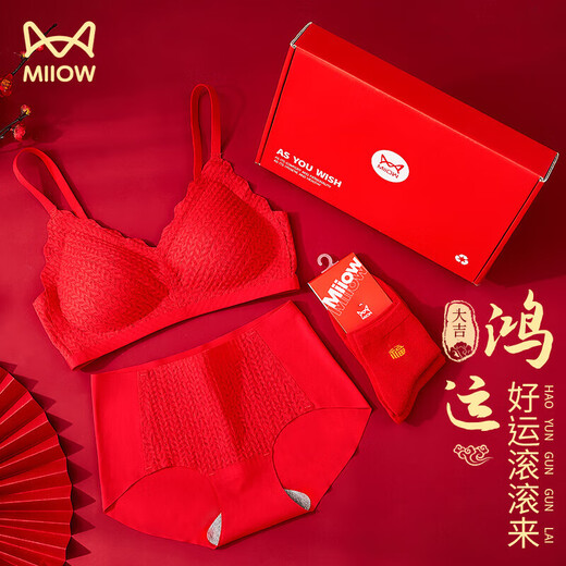 Catman Red Zodiac Year of the Horse Underwear Women's Suit No Wire Bra Wedding Festive Bra Underwear Socks*2 Gift Box
