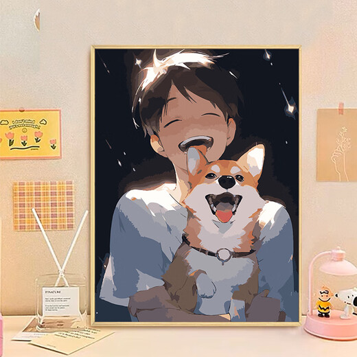 Healing animation boy dog ​​digital oil painting diy filling and coloring handmade painting Miyazaki Hayao decorative painting qx13892 60*70cm thickened solid wood inner frame + decorative outer frame (