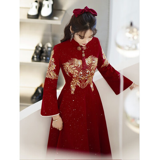 Seidler New Chinese Cheongsam Toast Wear Bride 2025 New Burgundy Xiuhe Clothes Home Long Sleeve Wedding Engagement Dress Burgundy M (Recommended 96-105 Jin Jin equals 0.5 kg)