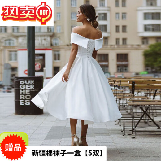 abqd carefully selects European and American wish satin wedding dresses, one-line collar, elegant and simple off-the-shoulder dress for women, white [returns are not supported for reservations] S [returns are not supported for reservations]