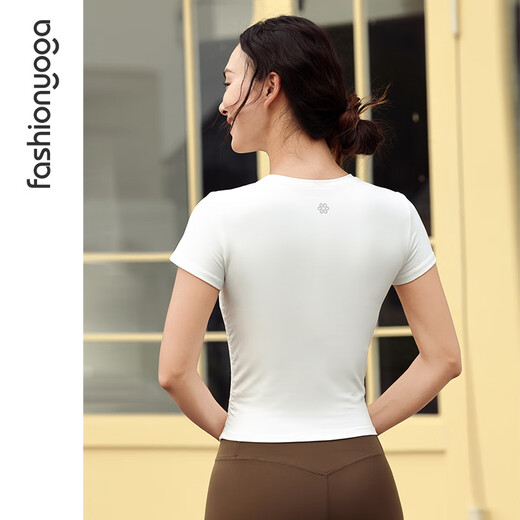 Fansheng Yoga summer breathable naked waist slimming quick-drying Pilates exercise round neck pleated waist short sleeve FC14353 without chest pad naked white XL