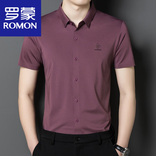 罗蒙（ROMON）夏季冰丝红色衬衫男短袖结婚礼服装爸爸婚宴装喜公公父母新郎衬衣 1152红色 170