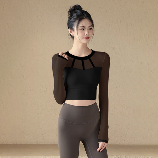 LULUUVTTOH yoga clothes for women, autumn and winter sports tops with chest pads, sexy mesh long-sleeved Pilates training fitness clothes, black, fixed chest pads M