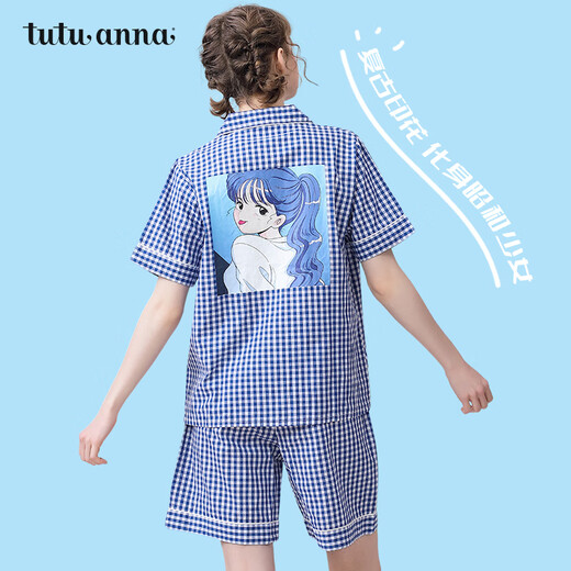 tutuanna5折家居服套装 女 Peloringirl格子大印花短袖短裤上下套 261708-海军蓝 均码 上衣160/84A 裤子160/70A