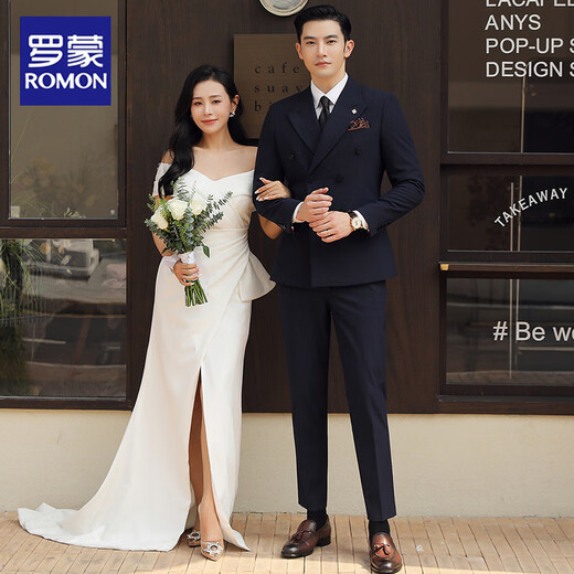 ROMON groom wedding formal suit men's suit dress British double-breasted solid color casual suit men's three-piece suit dark gray top + pants + white shirt 52/XL 120-135Jin Jin equals 0.5 kg to wear