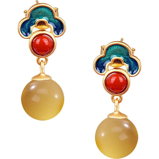 DRJEFUNs925 gold-plated ancient gold beeswax amber new palace retro style earrings women's earrings earrings topaz earrings s925 pair 0 carat