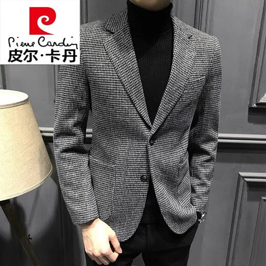 Pierre Cardin autumn houndstooth suit men's jacket men's casual single-piece plaid small suit single suit British men's fashion knitted dark gray 56/2XL