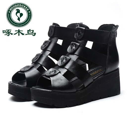 啄木鸟夏季新款皮凉鞋女坡跟女凉鞋黑色厚底松糕底鱼嘴高帮罗马凉靴 黑色 35