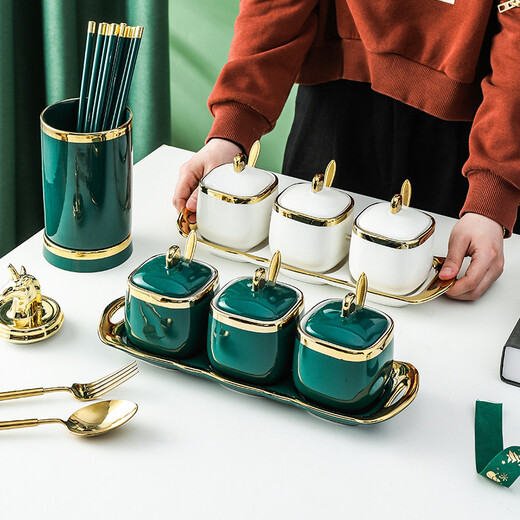 Mccarren Nordic simple light luxury ceramic seasoning jar box seasoning bottle salt MSG jar kitchen commercial household with lid set of 3 seasoning jars + emerald