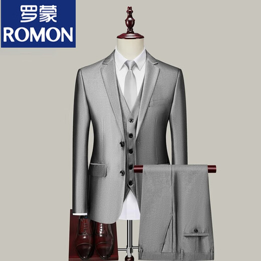 ROMON suit men's Korean style slim three-piece suit groomsmen and groom wedding dress silver gray two-button silver gray suit + trousers + 160/XS weight 90-100Jin Jin equals 0.5 kg