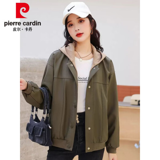 Pierre Cardin [Detachable Cap] Leather Jacket Women 2023 Spring New Style Large i Size Loose Casual Baseball Wear PU Wallet Black [Detachable] 2XL recommended 131-145Jin [Jin equals 0.5 kg]