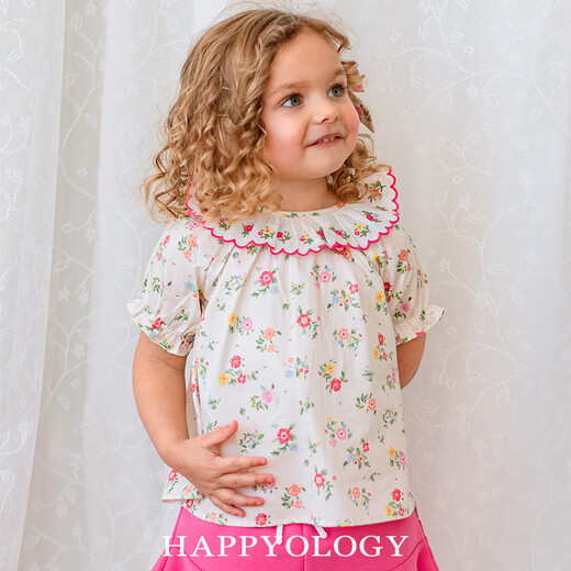 Happyology British children and girls short-sleeved floral shirt pure cotton bottoming baby girl loose shirt top colorful Newnham 98 (98cm)