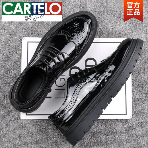 Cartelo Herrenschuhe Frühling koreanischer Stil Brockschuhe formale Lederschuhe Herren Britische Männer lässige Lederschuhe glänzende Lackleder trendy Schuhe 881 Black 41 Herrenstil