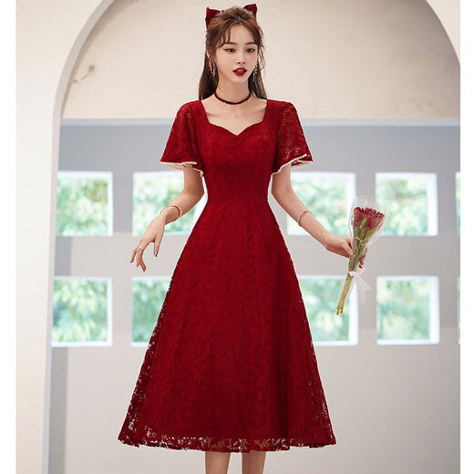 兰卡·罗妮兰卡罗妮敬酒服新娘平时可穿结婚订婚连衣裙回门小晚礼服蕾丝 酒红色中长款 XL