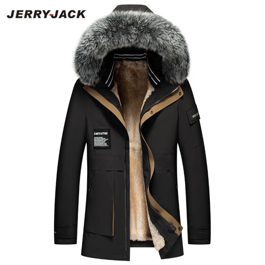 JERRYJACK men's parka with full mink fur lining and removable fur one-piece winter warm coat, fashionable men's coat, off-white + silver fox fur collar + white mink lining M/170