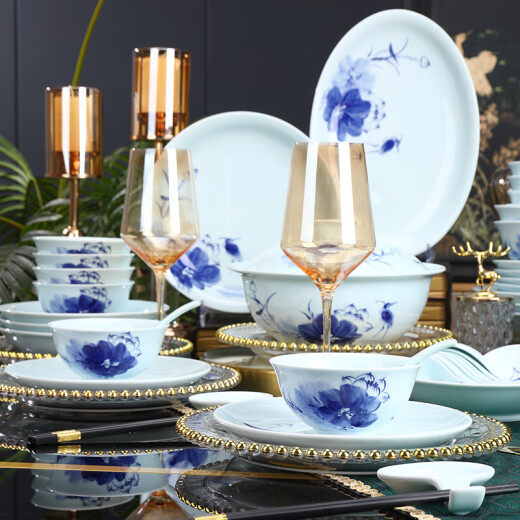Mo Huan Jingdezhen hand-painted blue and white underglaze celadon tableware complete set of high-end bowls and plates tableware set collection housewarming gift all the way [master hand-painted] underglaze color 68 pieces