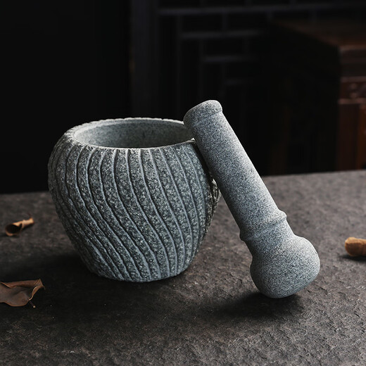 Handmade retro bluestone mortar, garlic pounder, garlic masher, medicine jar, stone cup, bowl, garlic mortar, stone nest, stone pound, vintage threaded old stone mortar 16CM