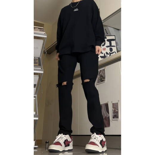 
7 best products ripped jeans men's spring and summer thin American high street light-flare loose straight slim trousers men DFFS-722 black (ripped) XL