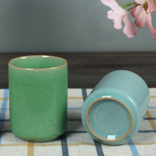 Longquan celadon water cup, ceramic cup, six-color straight mouth hospitality tea cup, ice crackled milk coffee, Geyao plum green