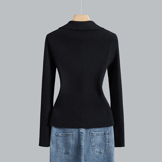 She pool lapel sweater 2025 autumn new women's double-ended zipper long-sleeved slim fashion top