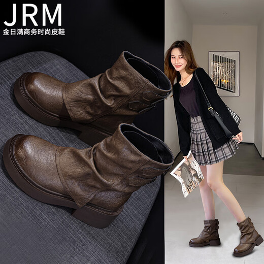 Jin Riman Martin Boots Frauen Kurzstiefel Frauen Frühling und Herbst Retro Western Cowboy Boots Frauen Lange Bootsgürtel Schnalle Hülle Ritterstiefel M2656 Brown 37