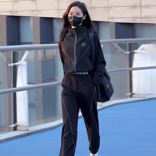 荧蒂（YINGDI）欧货休闲运动套装女2025年新款春秋时尚洋气跑步运动服两件套显瘦 黑色 XL