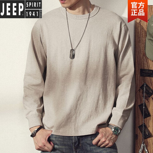 JEEP SPIRIT American Retro Henley Long Sleeve T-Shirt Men's Khaki Retro Old Loom Tube Woven Henley Collar T-Shirt Men's Sand Gray + CPH28 The quality is higher than that of its peers 2XL Fast Delivery