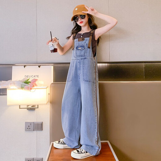 Maidouxiong (Maidouxiong) Girls Sommer-Denim-Riemen-Hose mit mittlerem und großem Kindertag Geschenk Korean Lose Casual Hosen Blau (Single Overalls) 150