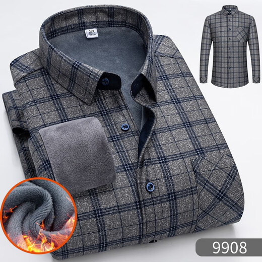 Manian Kangaroo Winter Plus Fleece Warm Shirt Men's Plaid Shirt Long Sleeve Thickened Men's Clothing Fall and Winter Middle-aged Daddy 9906 2XL