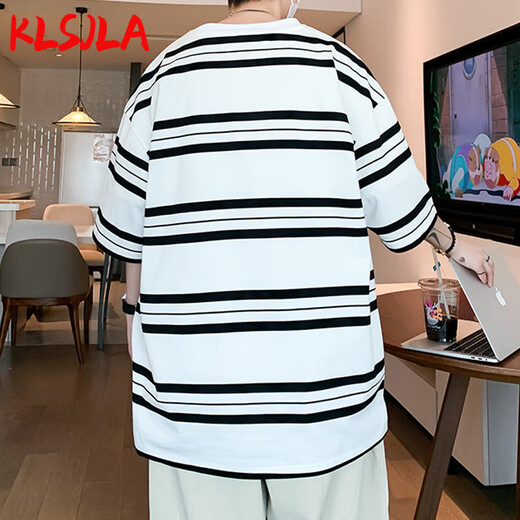 KLSJLA撞色条纹短袖男夏季冰丝凉感t恤男半袖上衣青少年港风休闲体恤衫T T9226白色 L (约110-140斤可穿)