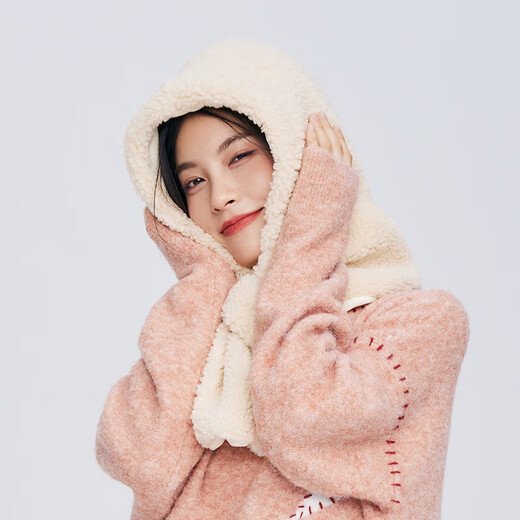 FANCET Hat and Scarf All-in-one Women's Winter Cute and Versatile Plush Hooded Student Ear Protection Thickened Warm Scarf Furui White