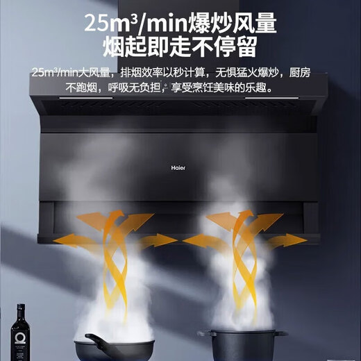Haier range hood 25 cubic large suction household three-sucking 7-word wave intelligent control self-cleaning EC719UD range hood gas stove smoke stove set [two-piece set] firepower liquefied gas stove Q2BE53+EC719