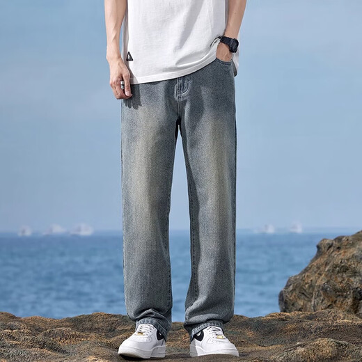 棉致浅蓝色星空纹阔腿牛仔裤男2024宽松直筒美式高街休闲长裤 702复古蓝 M