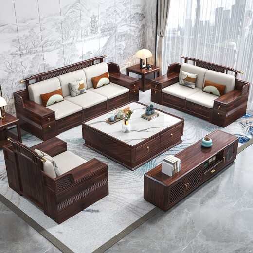 Dynasty Yijing black gold solid wood sofa combination modern and simple new Chinese style living room furniture winter and summer dual-use storage wooden sofa four-seater + imperial concubine + long coffee table cotton and linen cushion style (frame structure)