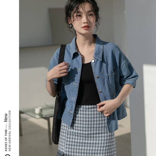 简方位牛仔衬衫2022夏装短款上衣复古港味气质百搭矮个子短袖外套女新款 869牛仔蓝 均码  S75-85斤