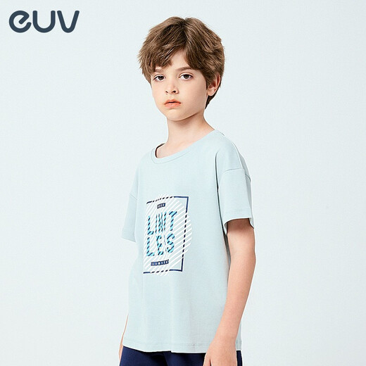 euv男童短袖t恤儿童棉白色夏装女童夏季薄款大童半袖上衣 灰蓝色-字母B1047 130（一件装）