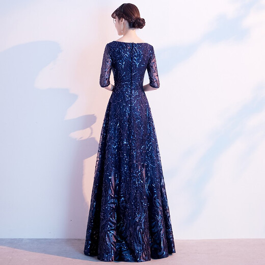 Seidlers Temperamentabendkleid für Frauen 2025 Neues High-End-Bankett Langfristige jährliche Meeting-Musik-Kunstprüfung Party Kleid Marine Blue XL