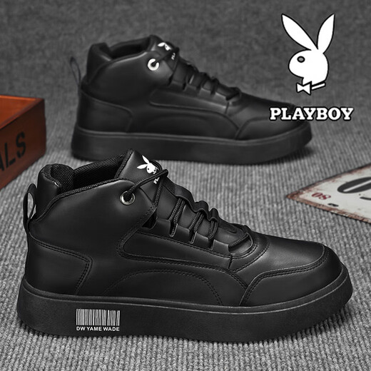 Playboy Shoes Men's Shoes 2025 New High Top Autumn and Winter Velvet Business Leather Shoes Men's Martin Boots Sports and Leisure Shoes Black 41
