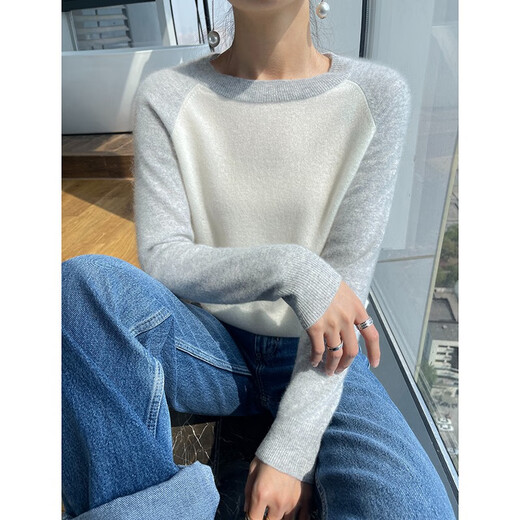 牧什秋冬山羊绒衫女士圆领羊绒毛衣女撞色拼接针织打底衫23新款JD1047 青绒色 XL