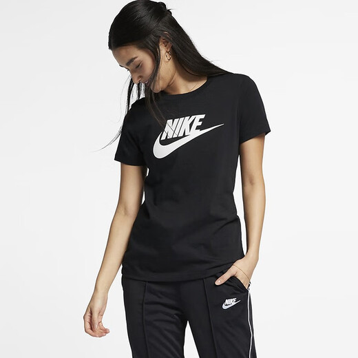 NIKE 耐克女子大钩子LOGO透气圆领T恤 短袖运动上衣BV6169 黑色010 L