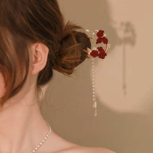 Book millet red rose flower tassel hairpin, high-end U-shaped hairpin for women, ancient style Hanfu cheongsam, hairpin, bride's toasting attire, new Chinese style national style tassel hairpin, gold