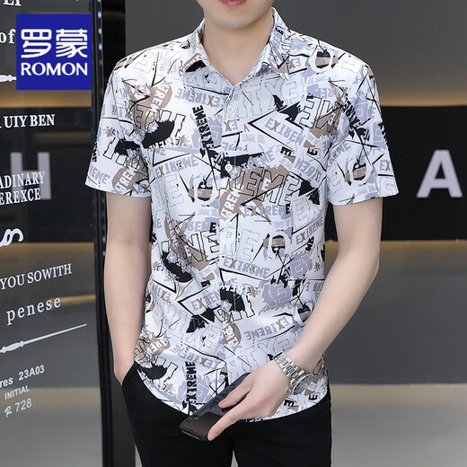
ROMON summer thin stretch floral shirt men's short-sleeved Korean style slim men's shirt youth ice silk half-sleeved clothes FJL7037 white XL [120-135Jin [Jin equals 0.5 kg]]