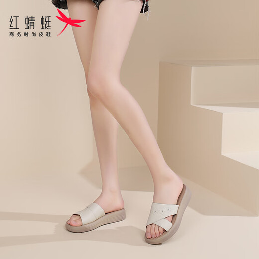 红蜻蜓拖鞋女外穿厚底坡跟罗马凉拖女软底皮面一字拖鞋WTK240742米色37