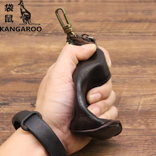 袋鼠（KANGAROO）精致新款头层牛皮复古做旧钥匙包男士大容量腰挂做旧牛皮钥匙包 黑色