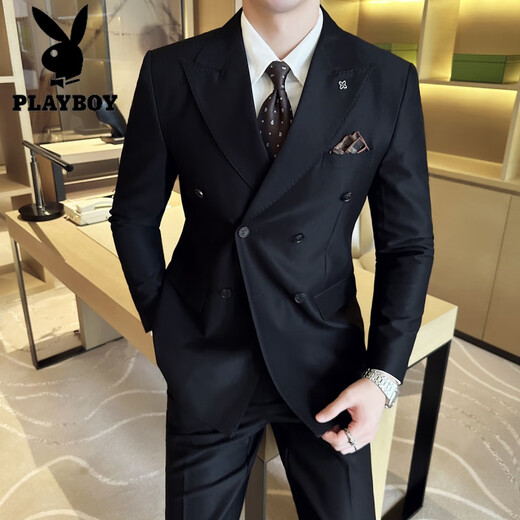 Playboy Suit Men's Double Breasted Commuting Work Business Formal Host Suit Wedding Three-piece Suit Black Suit+Vest+Trousers XL