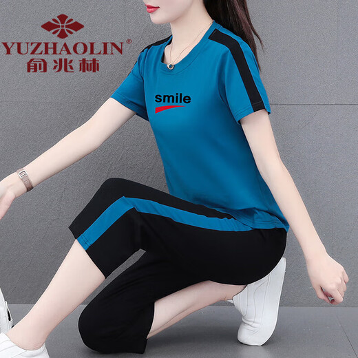 俞兆林妈妈装纯棉短袖七分裤套装女夏季2024新款中年洋气休闲运动服两件 WK695-58#蓝色(长裤套装) L (建议95-110斤)
