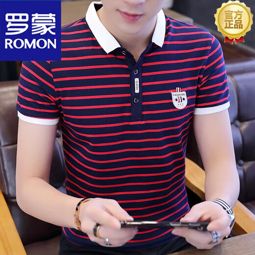 罗蒙（ROMON）夏季商务休闲男装短袖t恤翻领含棉条纹polo保罗衫T恤中青年大码 we7029条纹白色 M